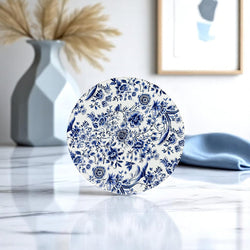 grandmillennial style ceramic coasters Chinoiserie blue white porcelain ginger jar blue willow Staffordshire dog cork backing
