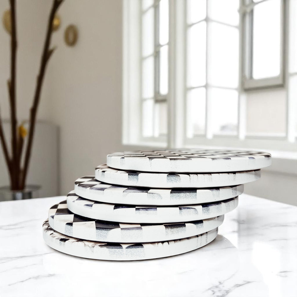 Luxury courtly check ceramic coaster set 6 styles black white checkered floral patterns cork backingpremium quality ceramic coasters courtly check gingham black white checkered floral pattern cork backing