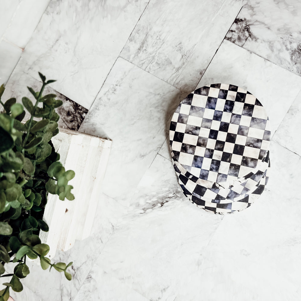 checkerboard ceramic coasters courtly check black white gingham pattern luxury drink accessories cork backing
floral checkered ceramic coasters courtly check black white gingham pattern luxury botanical design cork backing