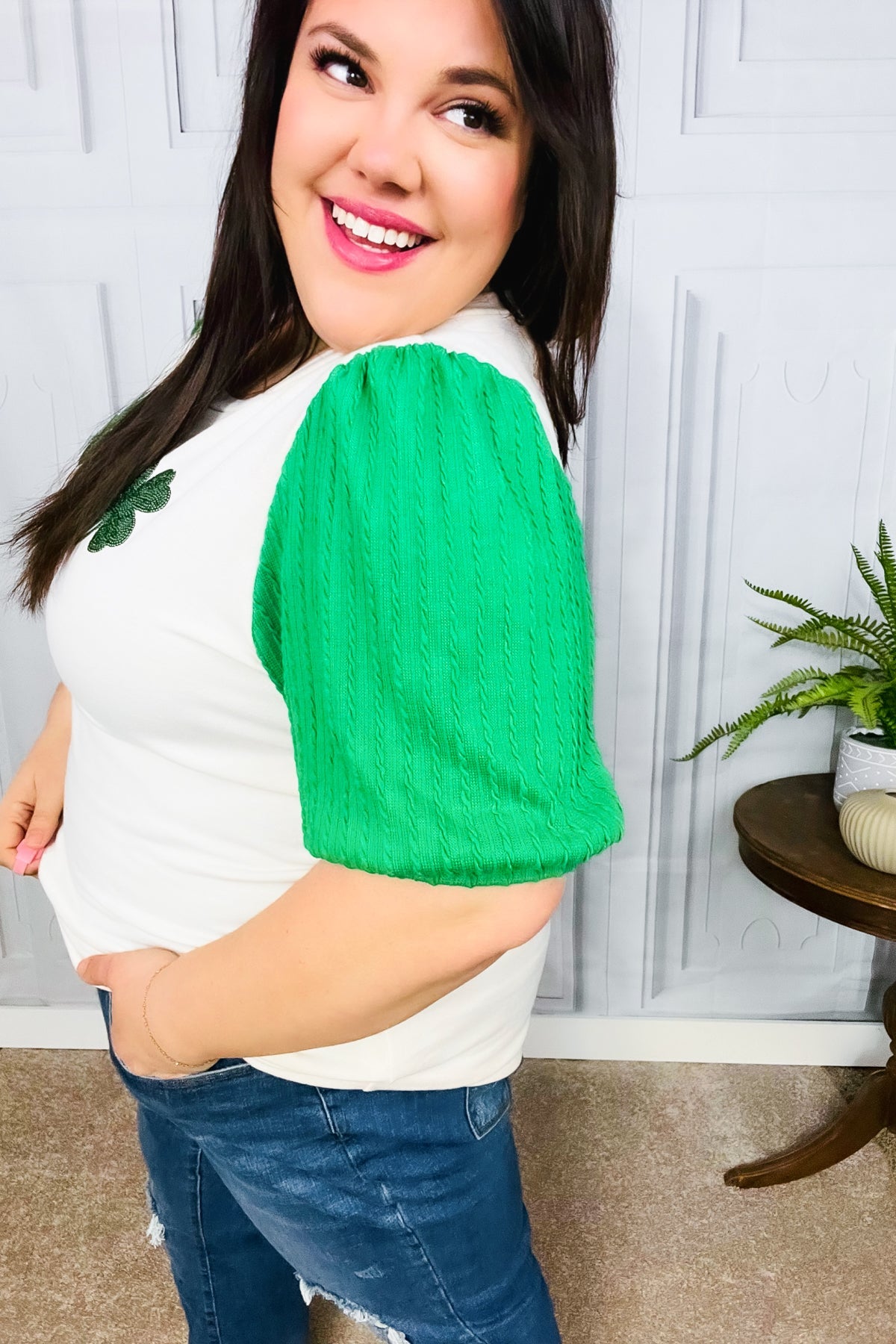 Lucky Sequin Clover Oatmeal Cable Knit Puff Sleeve Top