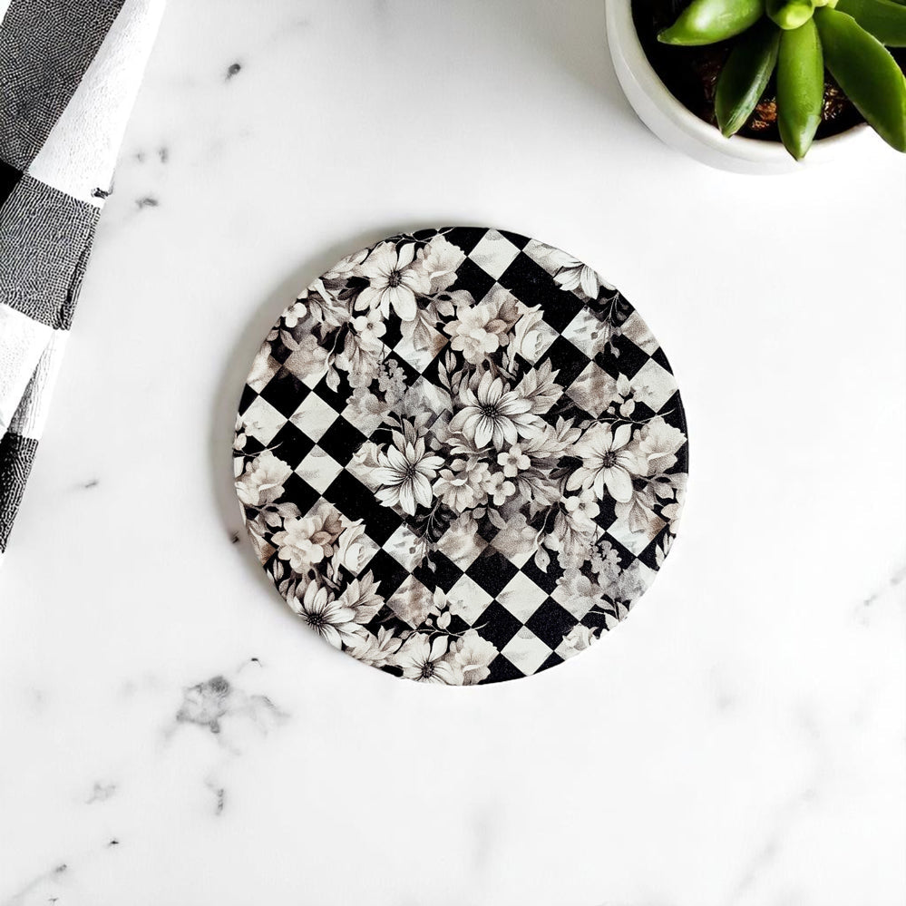 wedding gift ceramic coasters courtly check black white checkered pattern luxury floral design cork back
