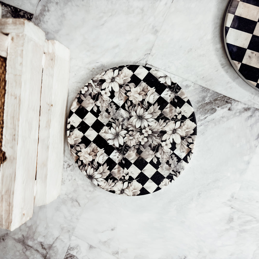 timeless ceramic coasters courtly check gingham black white checkered floral pattern luxury cork backing