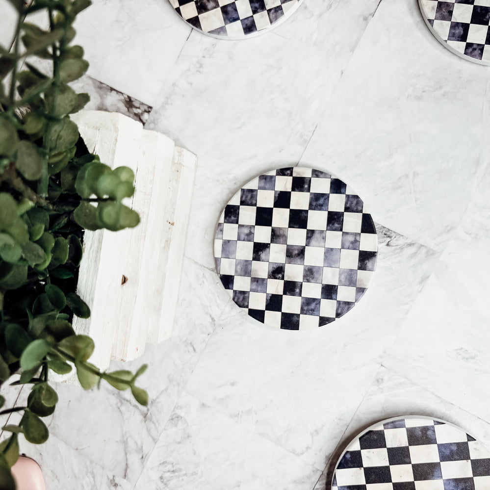 elegant entertaining ceramic coasters courtly check black white checkered gingham floral pattern cork backing luxury
formal dining ceramic coasters courtly check black white checkered pattern luxury floral design cork back table