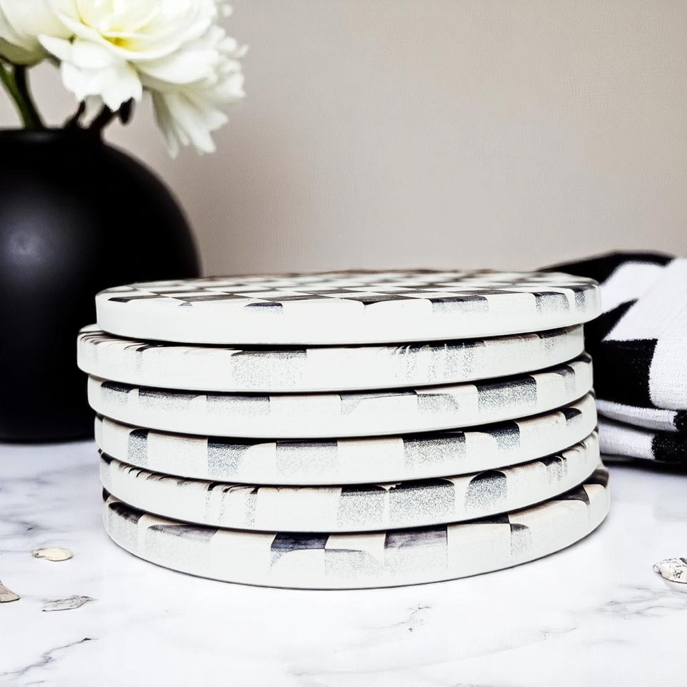 Courtly check floral ceramic coasters black white checkered pattern luxury home decor cork backing drink accessories