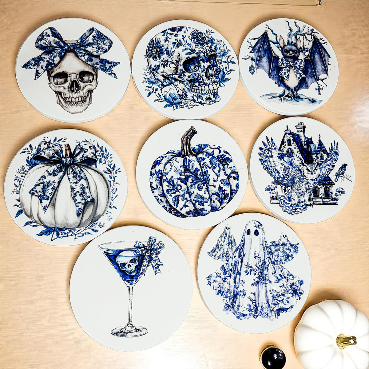 Modern gothic home decor blue white
Sophisticated Halloween party decorations
Designer Halloween drink coasters
Blue willow style Halloween decor
