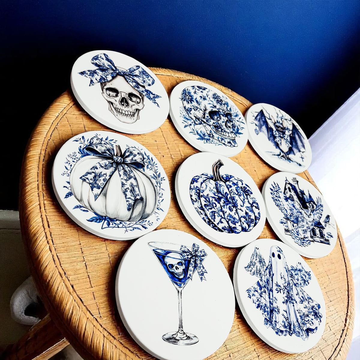 Blue Halloween coasters
Chinoiserie skull decor
Four-inch Halloween coaster size comparison with standard items