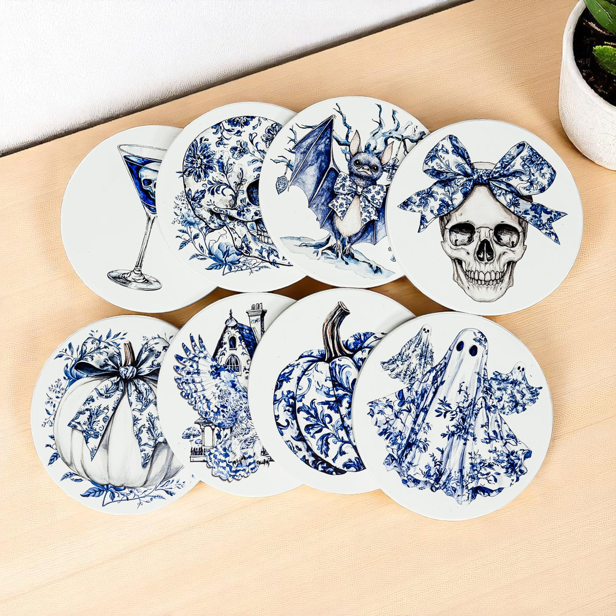 Blue White Halloween chinoiserie decor
Classic Halloween decor
High End Gothic chinoiserie
 Blue willow Halloween
 Elegant Halloween decorations