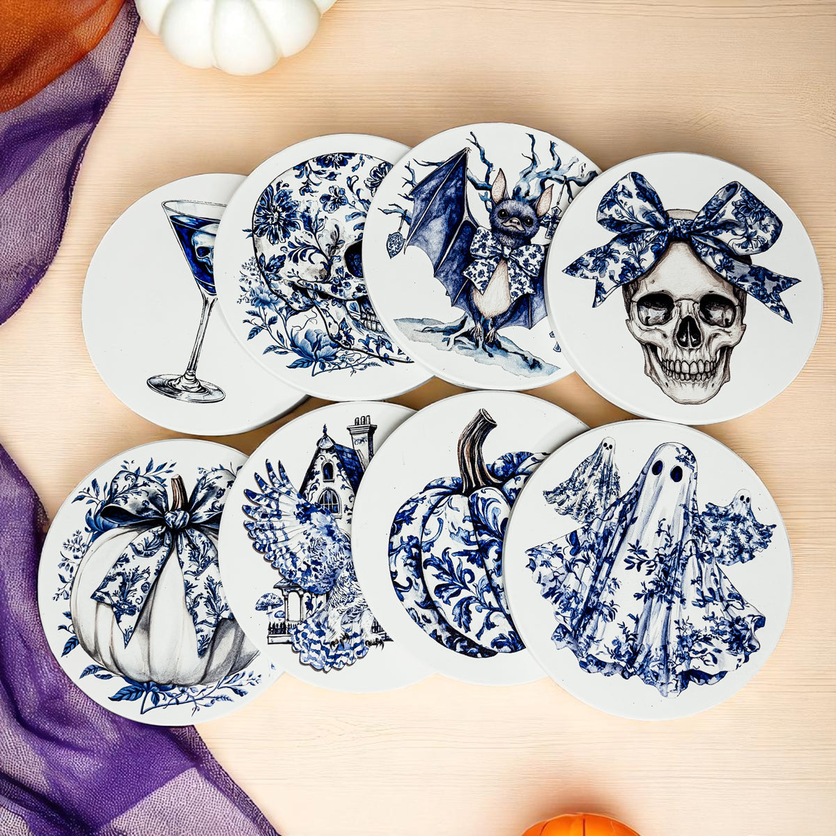 Spooky tea party setting with gothic blue willow coasters
Close-up of cork backing on Halloween chinoiserie coaster
Luxury Halloween decor coasters with skull, ghost, and pumpkin designs in blue willow style
Designer Halloween coasters arranged in grid pattern showing all 8 chinoiserie designs
