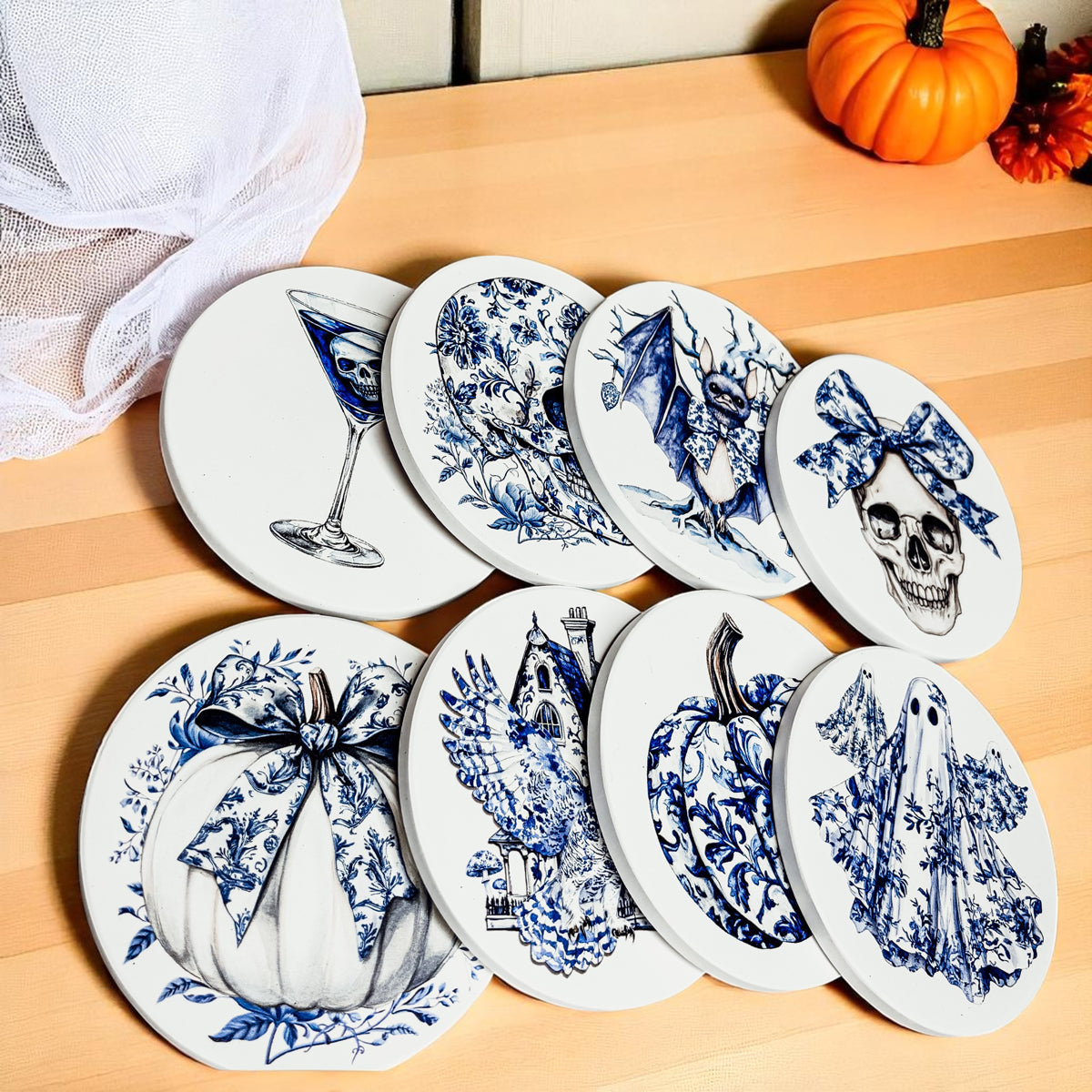 Stack of chinoiserie Halloween coasters showing thickness
Measurement reference for gothic blue willow coasters
Chinoiserie skull decor
Blue and white chinoiserie Halloween coasters
Elegant Halloween table accessories