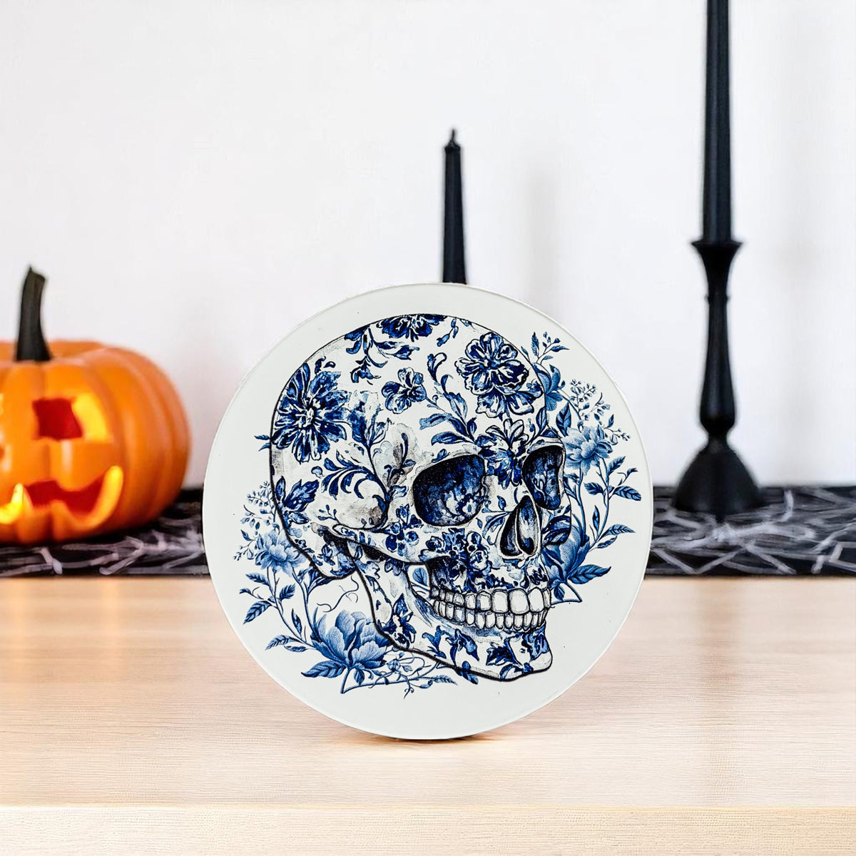 Modern gothic home decor
Coastal grandmother Halloween
Blue and white skull coasters