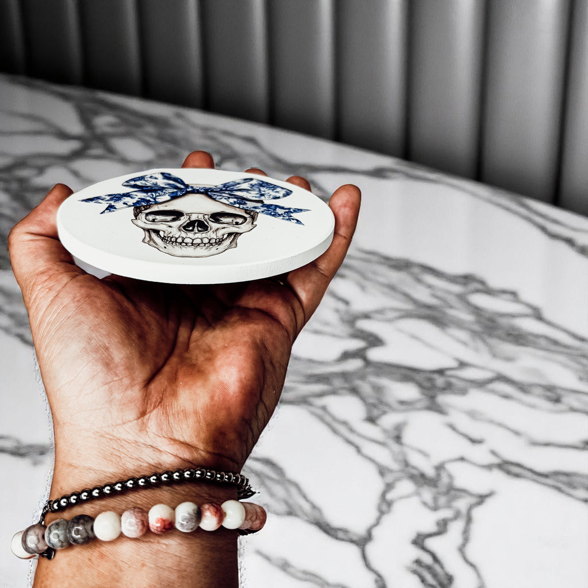 Designer Halloween home decor
Luxury Halloween table settings
Contemporary Halloween decorations
Four-inch Halloween coaster size 
Stack of chinoiserie Halloween coasters showing thickness
gothic blue willow coasters