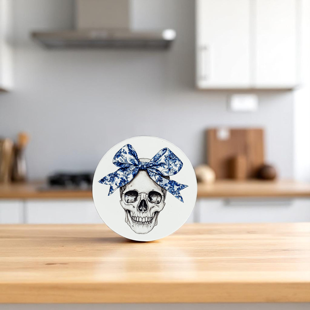 Chinoiserie Halloween coasters with elegant black table settings
Spooky elegant table setting featuring blue and white coasters
