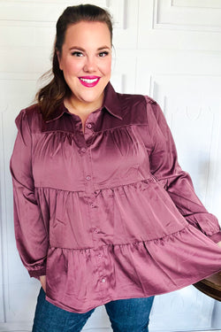 Perfectly You Burgundy Button Down Tiered Babydoll Satin Top