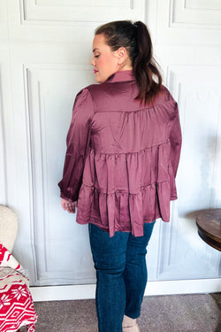 Perfectly You Burgundy Button Down Tiered Babydoll Satin Top