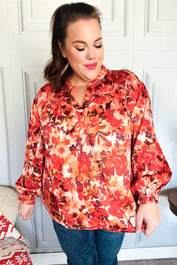 Fall Vibes Rust Floral Print Notched Neck Smocked Satin Top