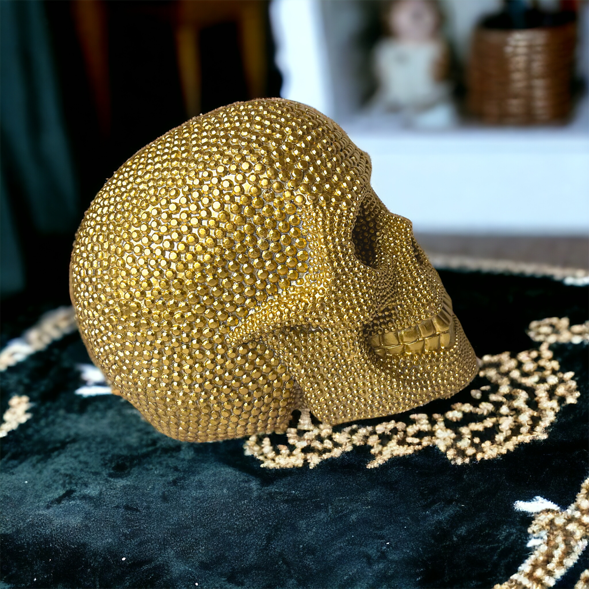 Gold stylish Halloween Tabletop Accents, Beaded Gold Skeleton Head
gold skull halloween decoration
modern gothic skull decor
luxury skull statue
glam spooky season decor
rhinestone style skull figurine
decorative glam skull
skull shelf decor
silver glam skull
gold glam skull