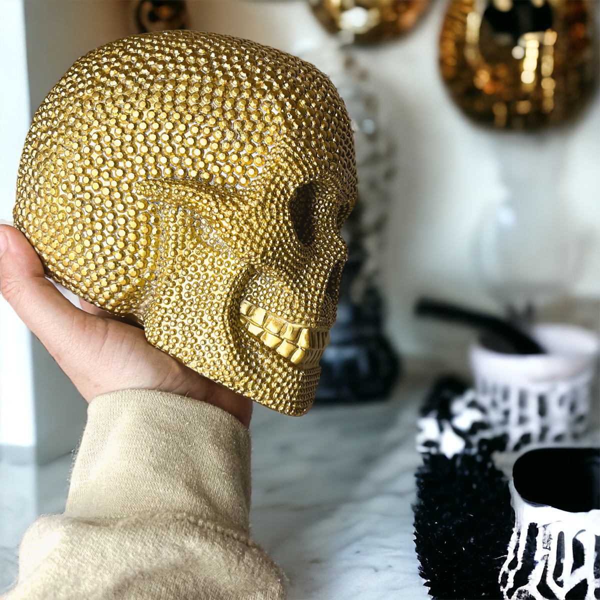 Luxury Halloween Decoration Pieces and Home Accents
gothic glam shelf styling
decorative metallic skull
silver and gold skull decor
glam halloween table styling
spooky luxury centerpiece
gothic glam living room decor
stylish halloween tabletop decor
resin skull decor aesthetic
metallic skull sculpture
decorative glam halloween figurine
luxury haunted decor
gothic skull coffee table styling