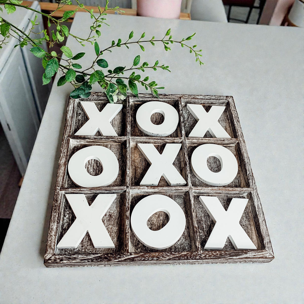 White and brown wooden tic tac toe board rustic
Neutral color farmhouse tic tac toe game board
Natural wood finish XO game board rustic
Cream white wooden tic tac toe farmhouse decor
Two tone rustic wooden game board tic