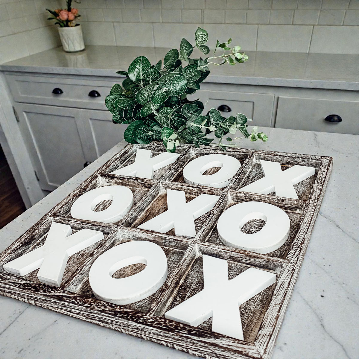 Handmade wooden XO game board rustic home decor
Distressed wood tic tac toe tabletop game complete set
Farmhouse style wooden game board with white XO letters
Rustic wooden tic tac toe decor piece handmade USA