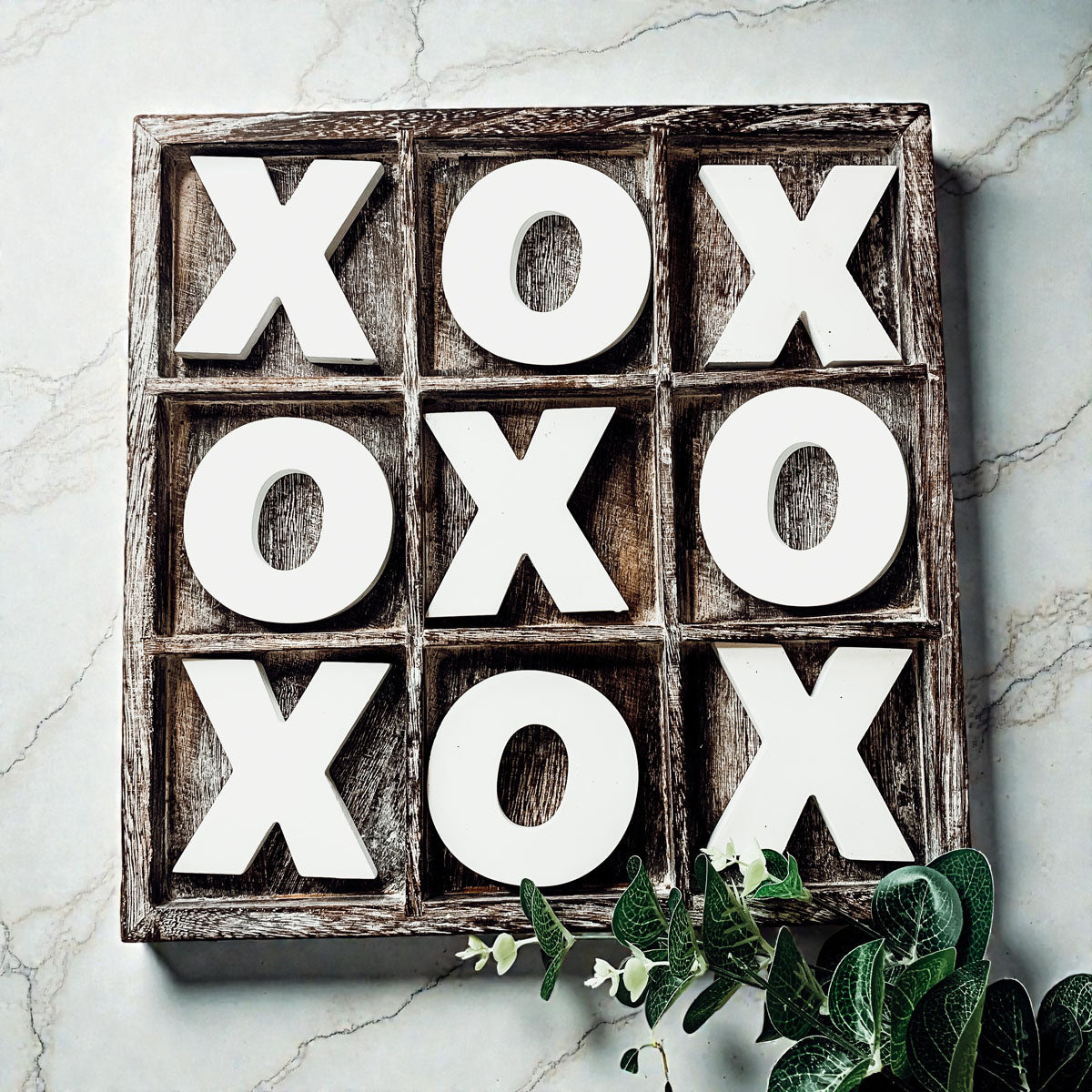 handmade wooden tic tac toe board game decor
rustic wood tic tac toe coffee table game
farmhouse style x and o tabletop decoration
neutral wooden tic tac toe set for living room
square 12x12 wooden tic tac toe board with pieces