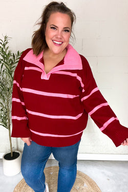 Fall For You Crimson Stripe Notched Neck Collared Oversized Sweater