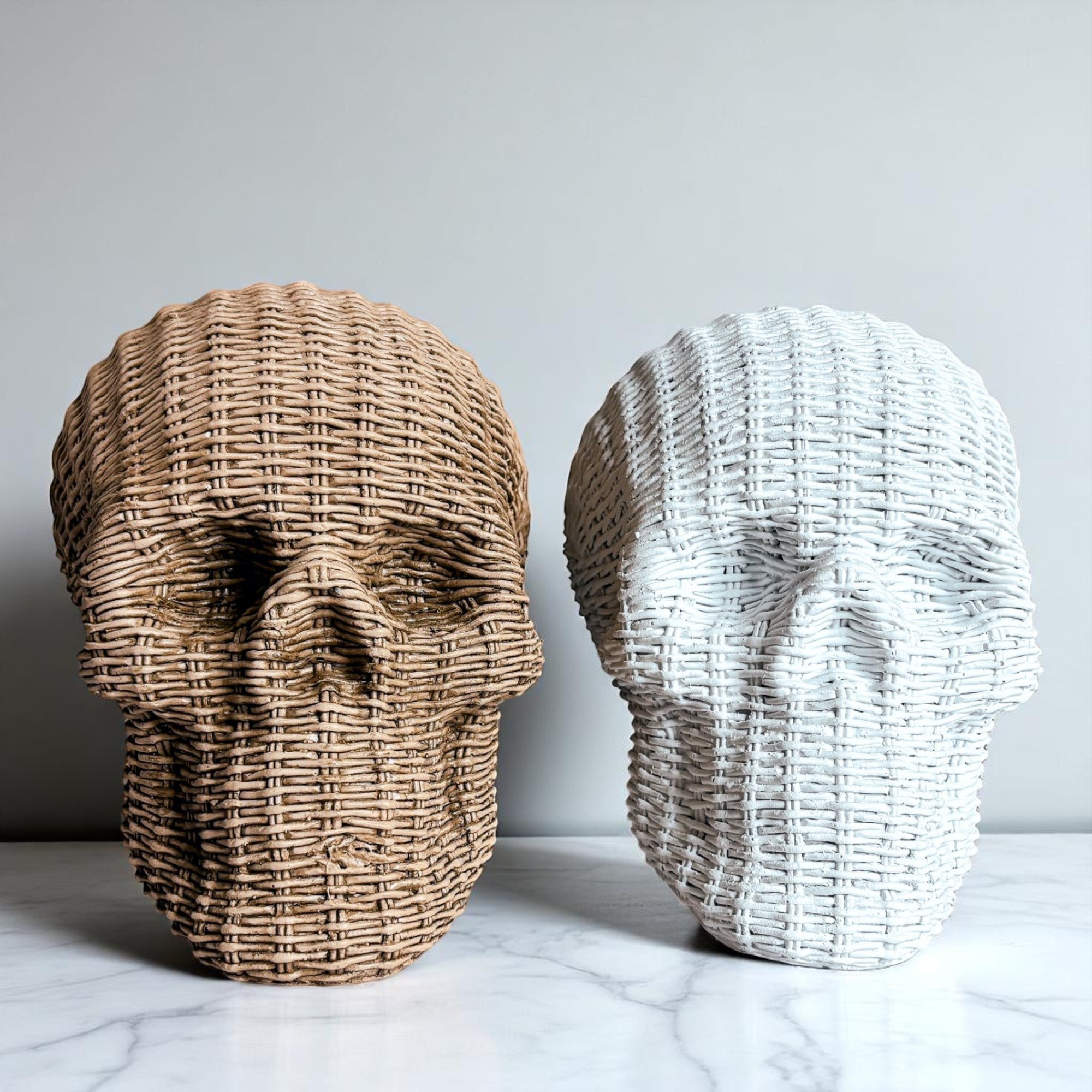 Rattan style resin skull decor basketweave texture neutral brown white halloween fall table accent durable