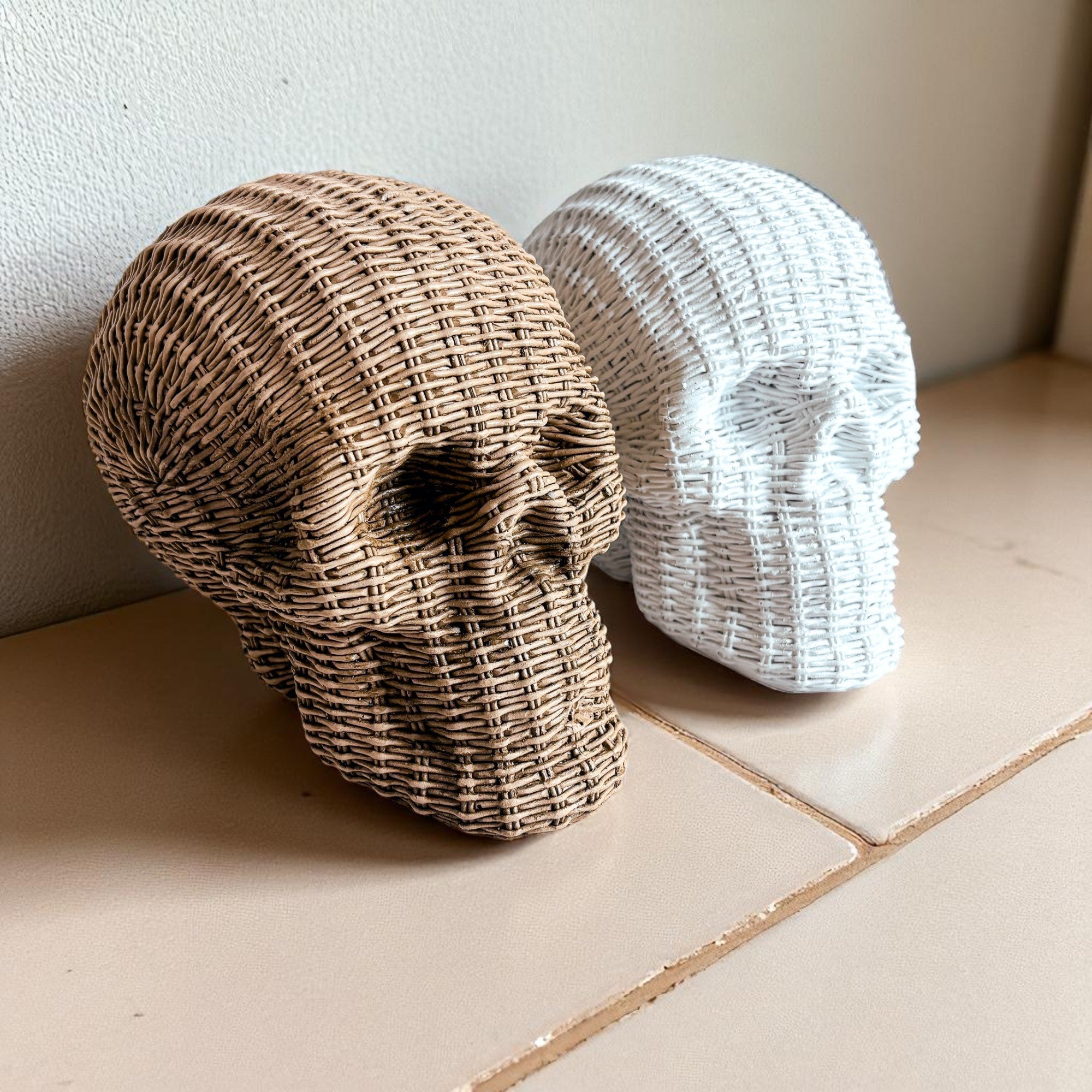 Halloween skull decor rattan basketweave style neutral brown white fall table accent gothic home decor