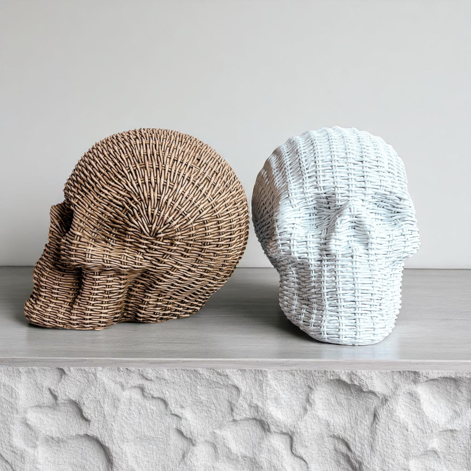 premium resin skull heads rattan basketweave texture halloween decor neutral brown white fall gothic accent wicker style