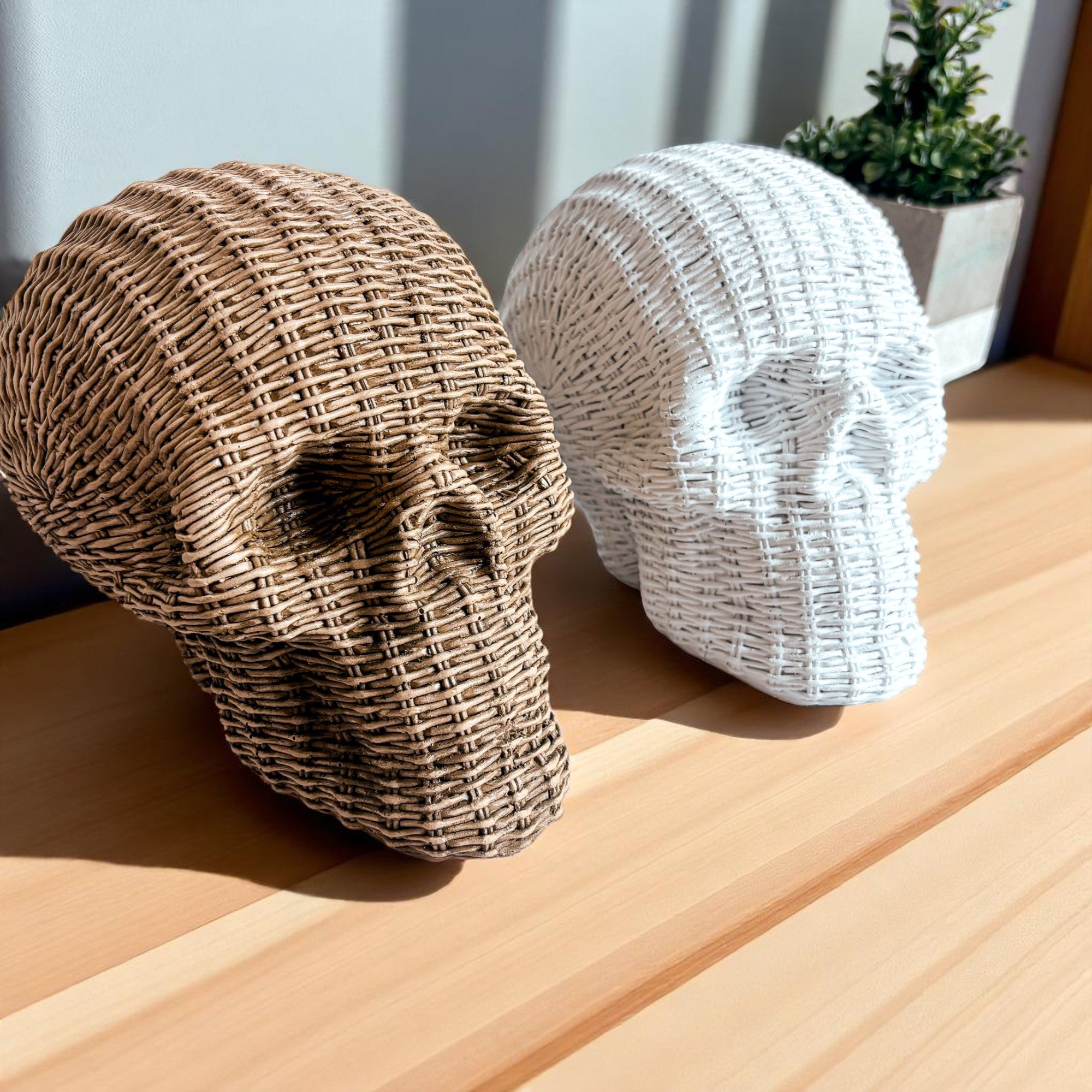 boho halloween decor resin skull heads rattan basketweave style neutral brown white fall gothic accent wicker texture