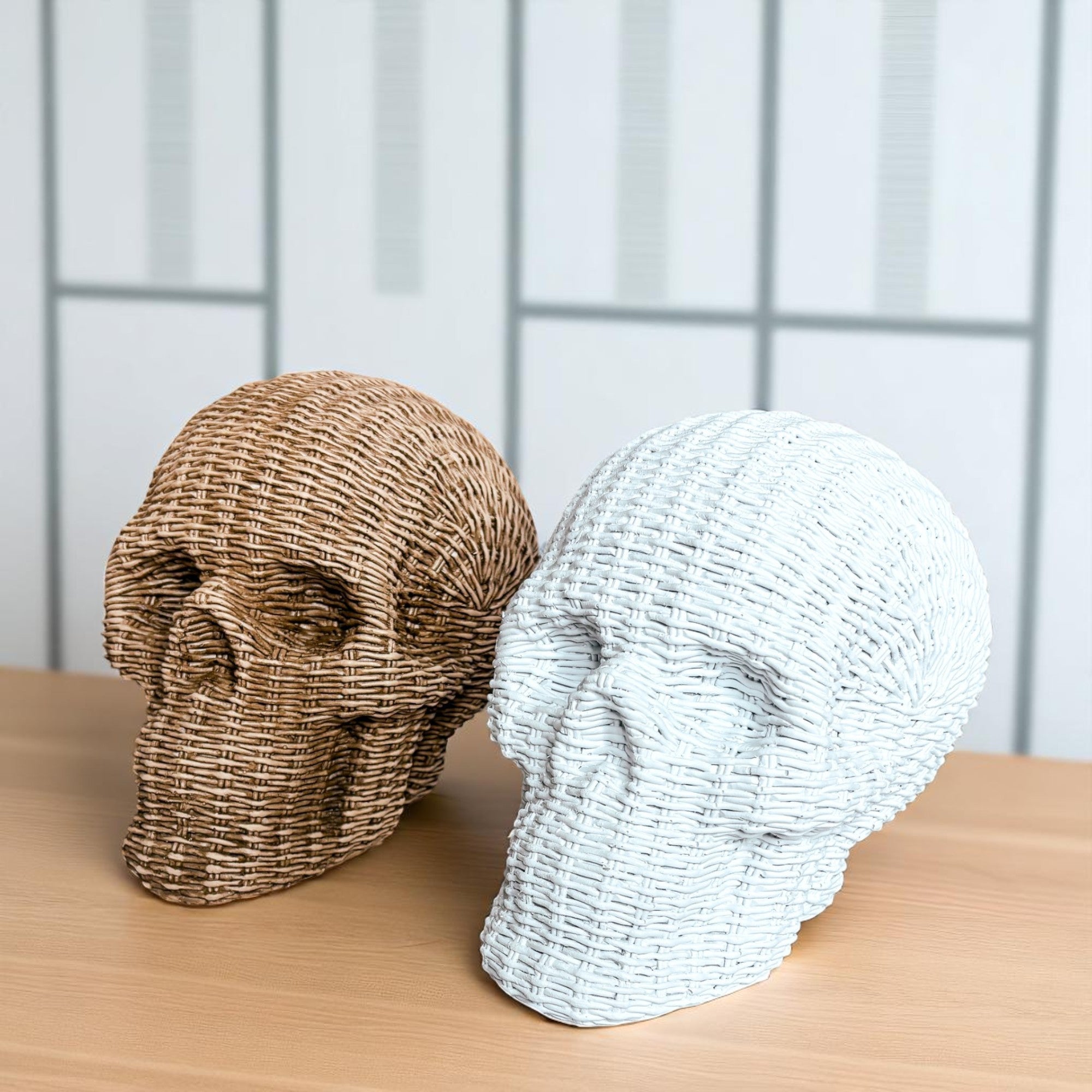 farmhouse halloween skull decor rattan basketweave style neutral brown white fall table accent wicker look