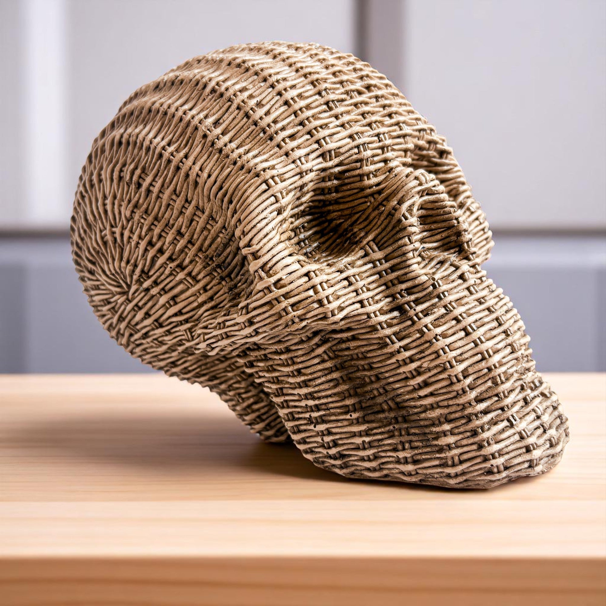elevated halloween decor resin skull heads rattan basketweave style neutral brown white fall gothic wicker texture