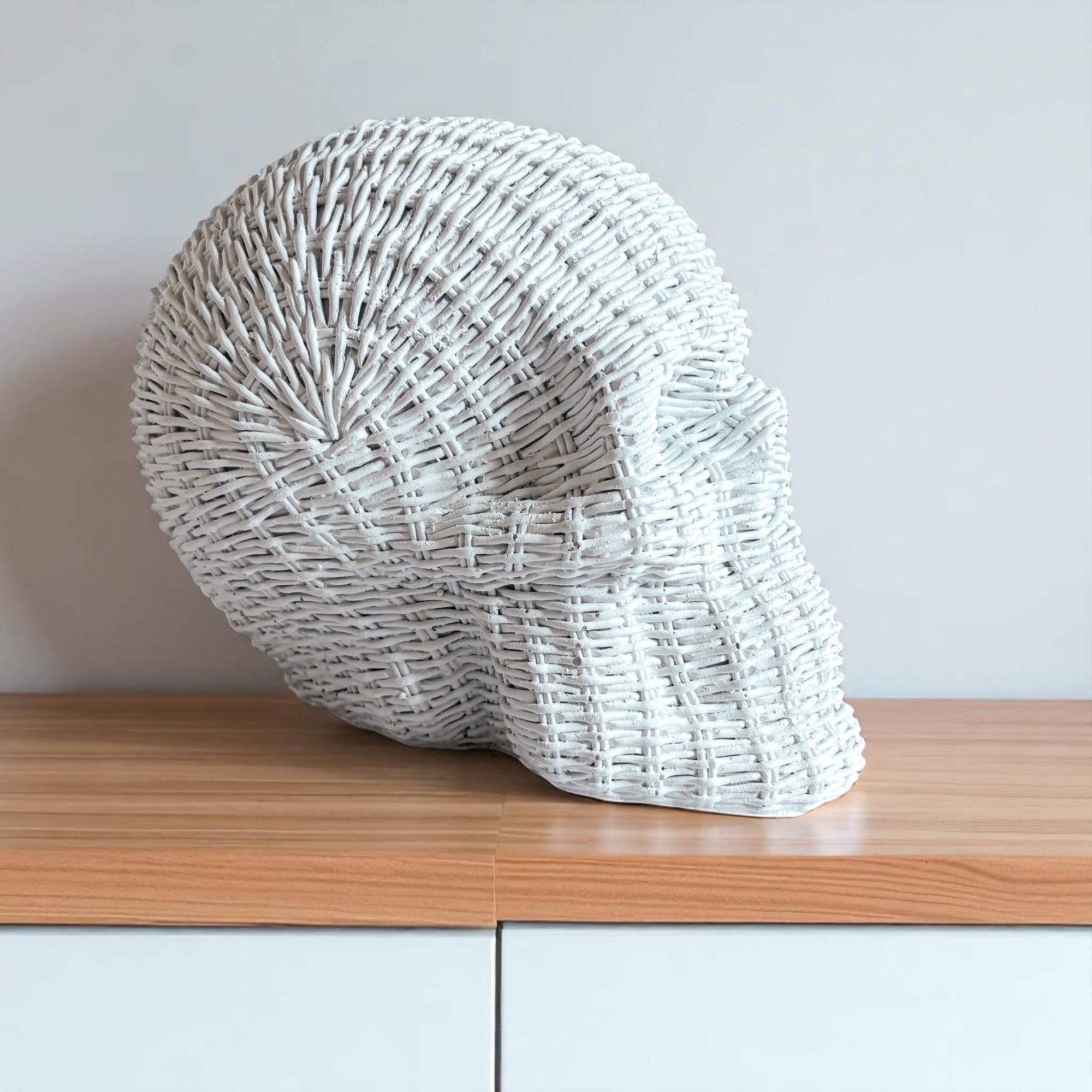 durable resin skull decor rattan basketweave style neutral brown white halloween fall table accent wicker texture