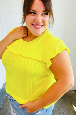 Yellow Wide Rib Frilled Short Sleeve Yoke Top