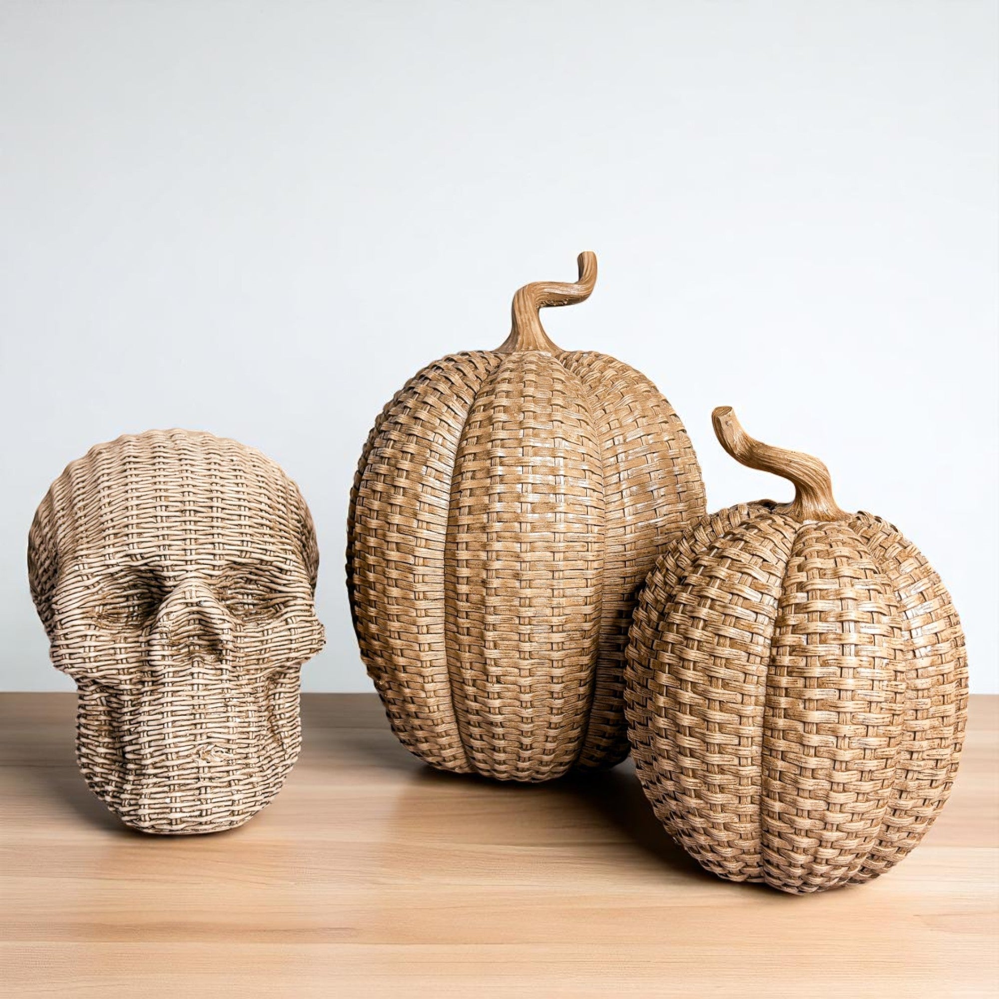 long lasting skull decor rattan basketweave style neutral brown white halloween fall gothic accent wicker texture durable
fade resistant skull heads rattan basketweave texture neutral brown white halloween fall decor gothic wicker style