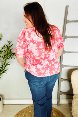 Spring Vibes Coral Wavy Rib Puff Short Sleeves Floral Top