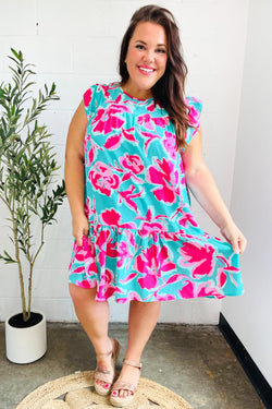 Diva Dreaming Aqua & Fuchsia Floral Print Tiered Ruffle Sleeve Dress