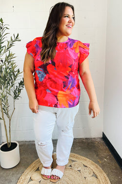 Look of Love Red & Fuchsia Floral Smocked Ruffle Frill Sleeve Top