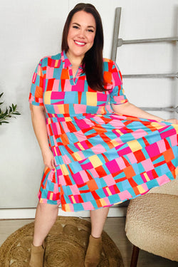 Sunny Days Fuchsia Abstract Print Notched Collar Frock Dress