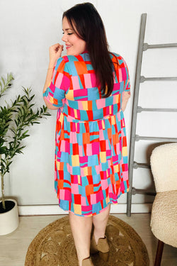 Sunny Days Fuchsia Abstract Print Notched Collar Frock Dress