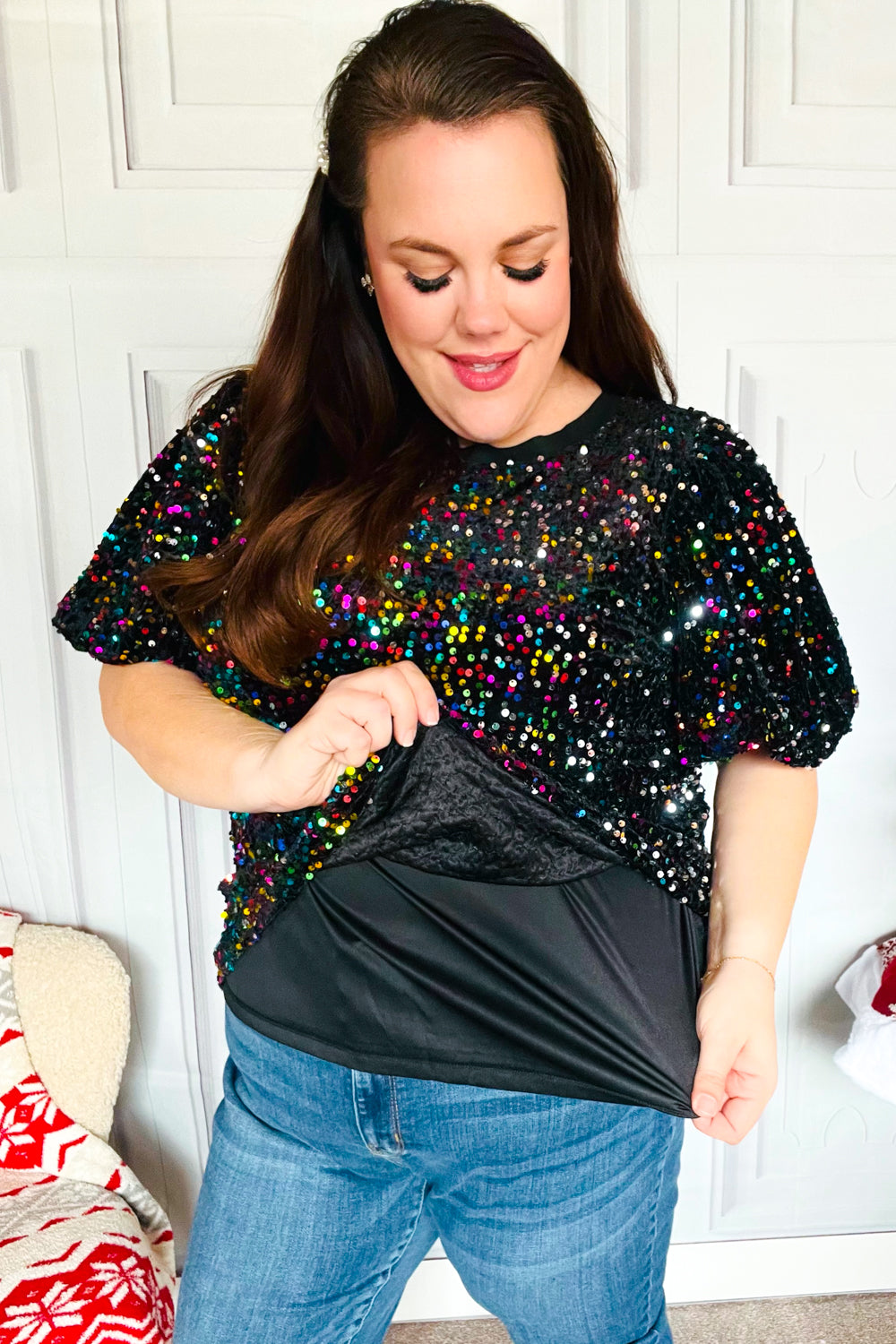 Holiday Ready Black Velvet Multicolor Sequin Puff Sleeve Top