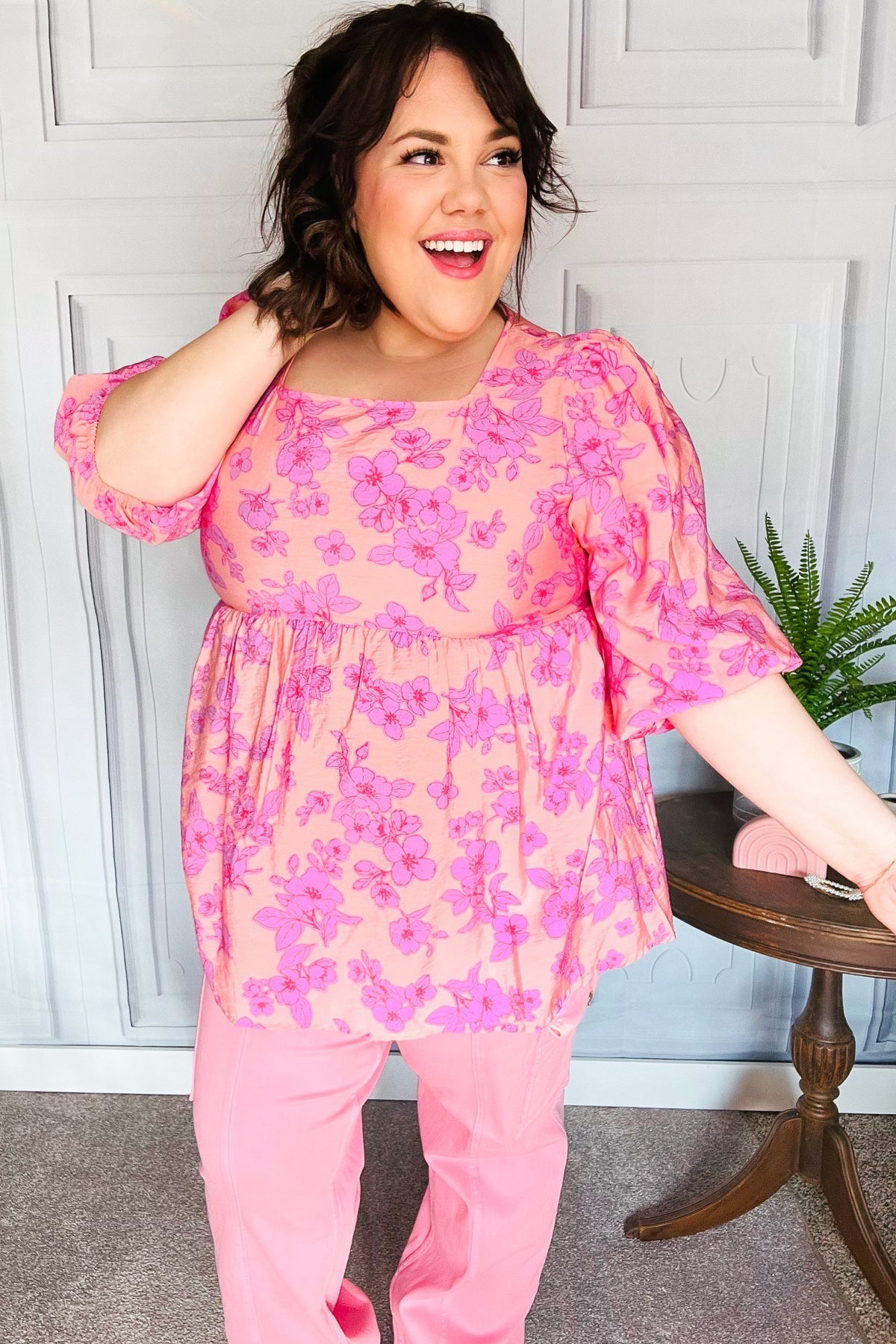 Making Moves Peach & Pink Floral Peplum Woven Top