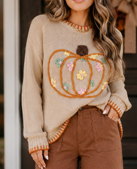 Floral Embroidered Pumpkin Sweater WTW