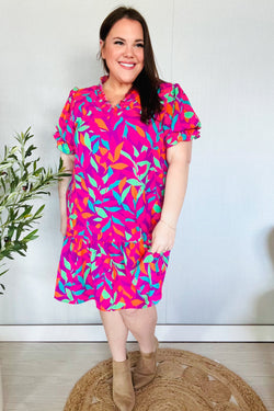 Fuchsia Tropical Leaf Woven Ruffle Hem Pocketed Dress