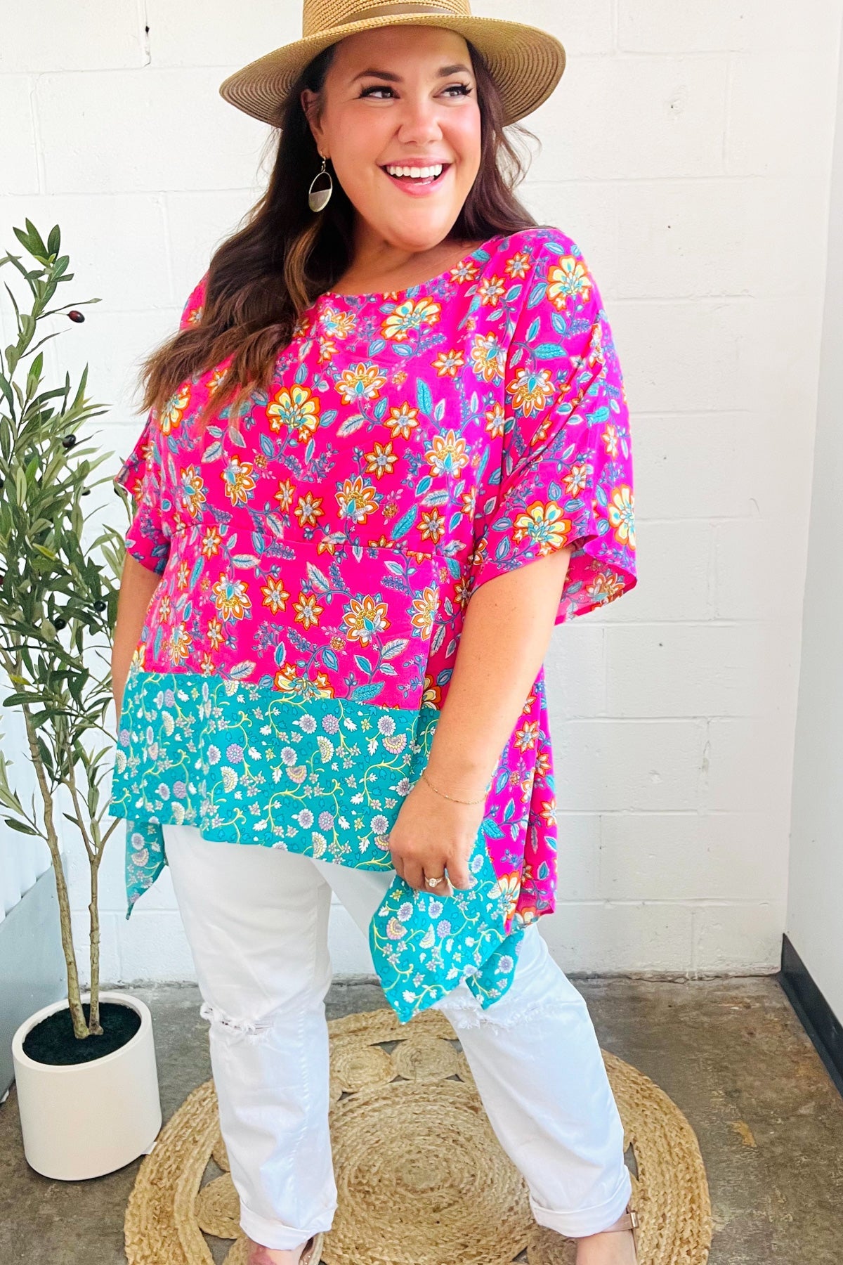 Vacay Ready Fuchsia Paisley Floral Dolman Sleeve Shark Bite Top