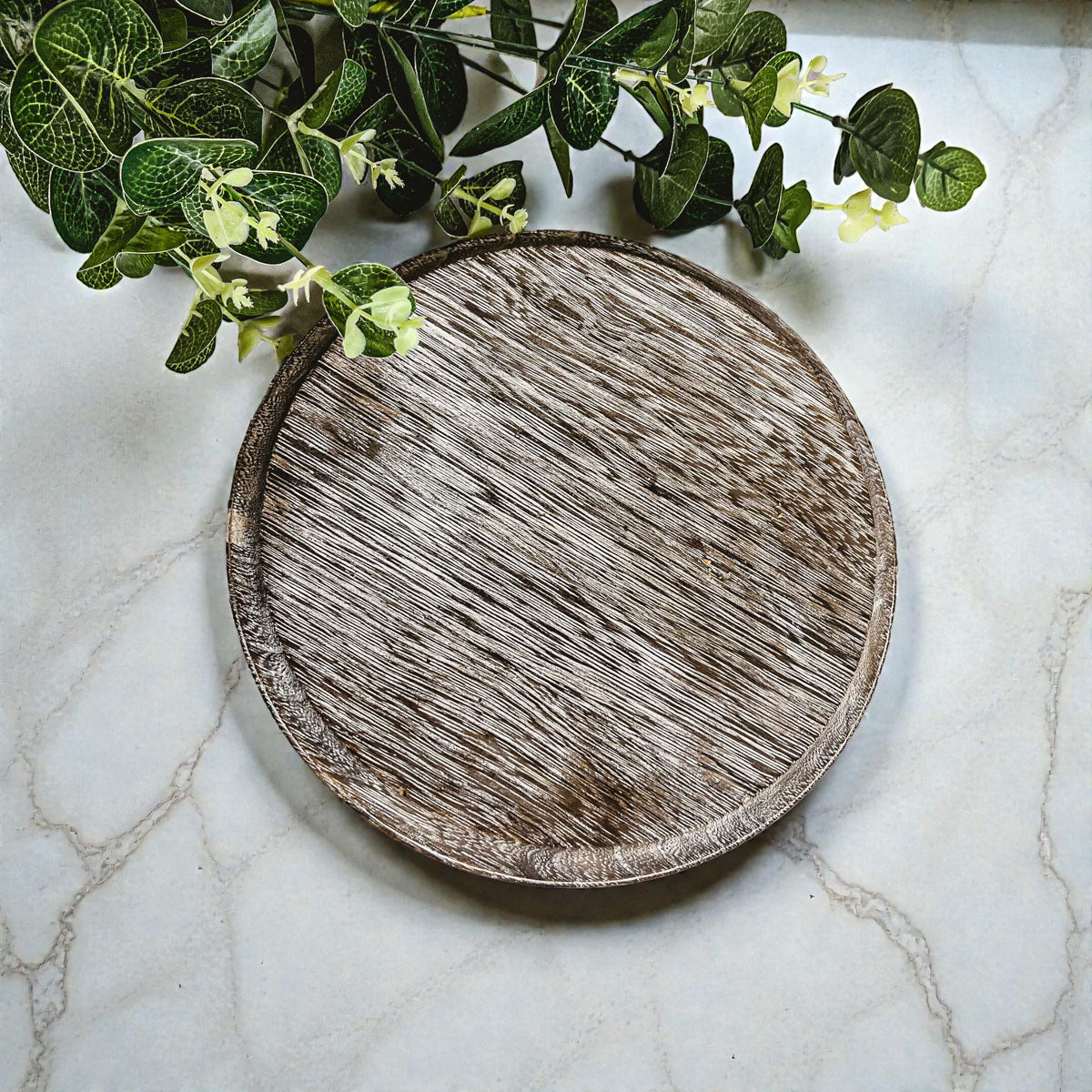 modern rustic wooden tray riser for candles
round wood pedestal stand styled with flowers
natural wooden riser for bathroom countertop decor
distressed wood round tray for farmhouse centerpiece
elevated wooden tray for coffee bar styling