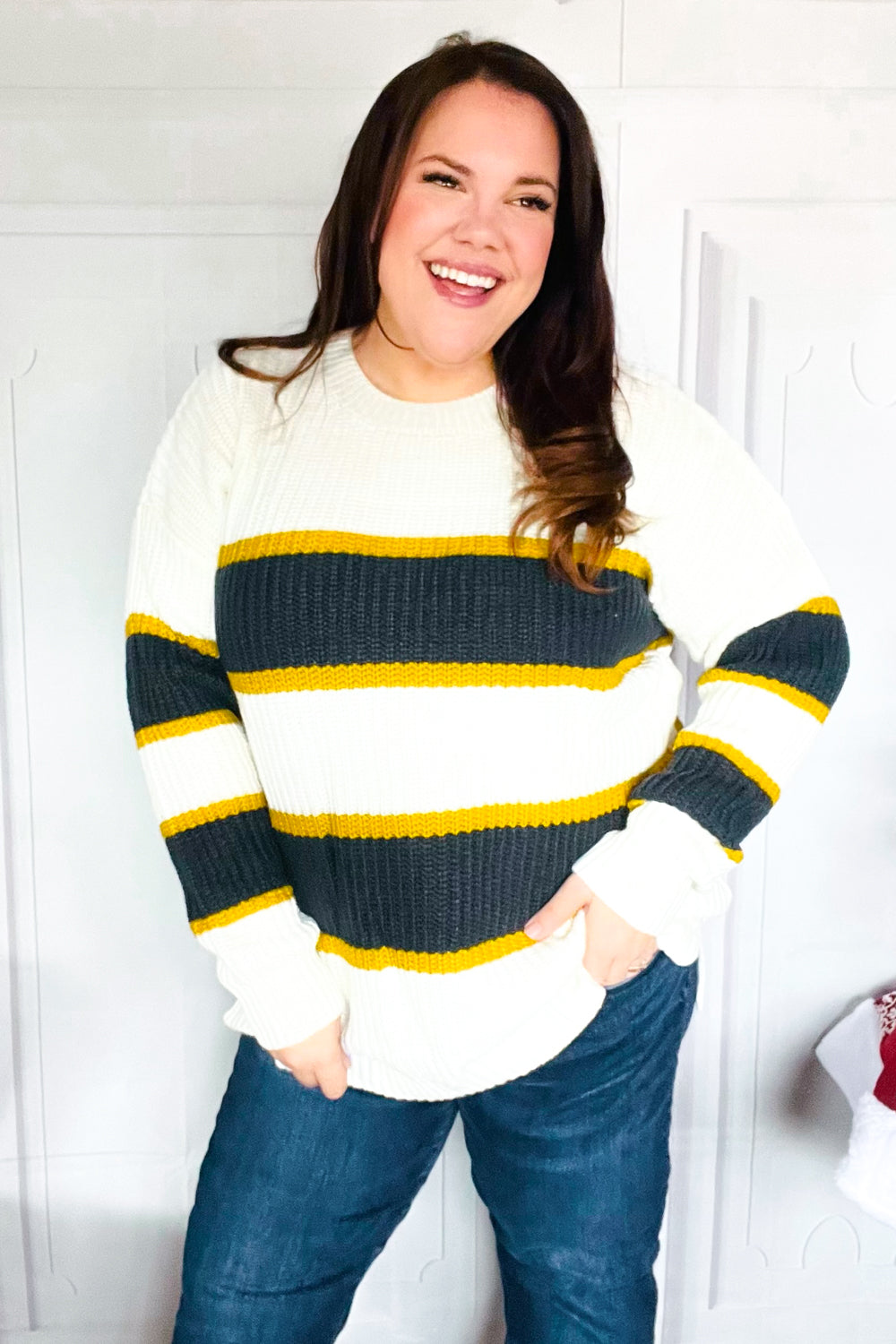 PLUS Casual Chic Yellow & Ivory Stripe Oversize Knit Sweater