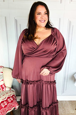 Holiday Vibes Wine Satin Front Overlap Smocked Back Maxi Dress