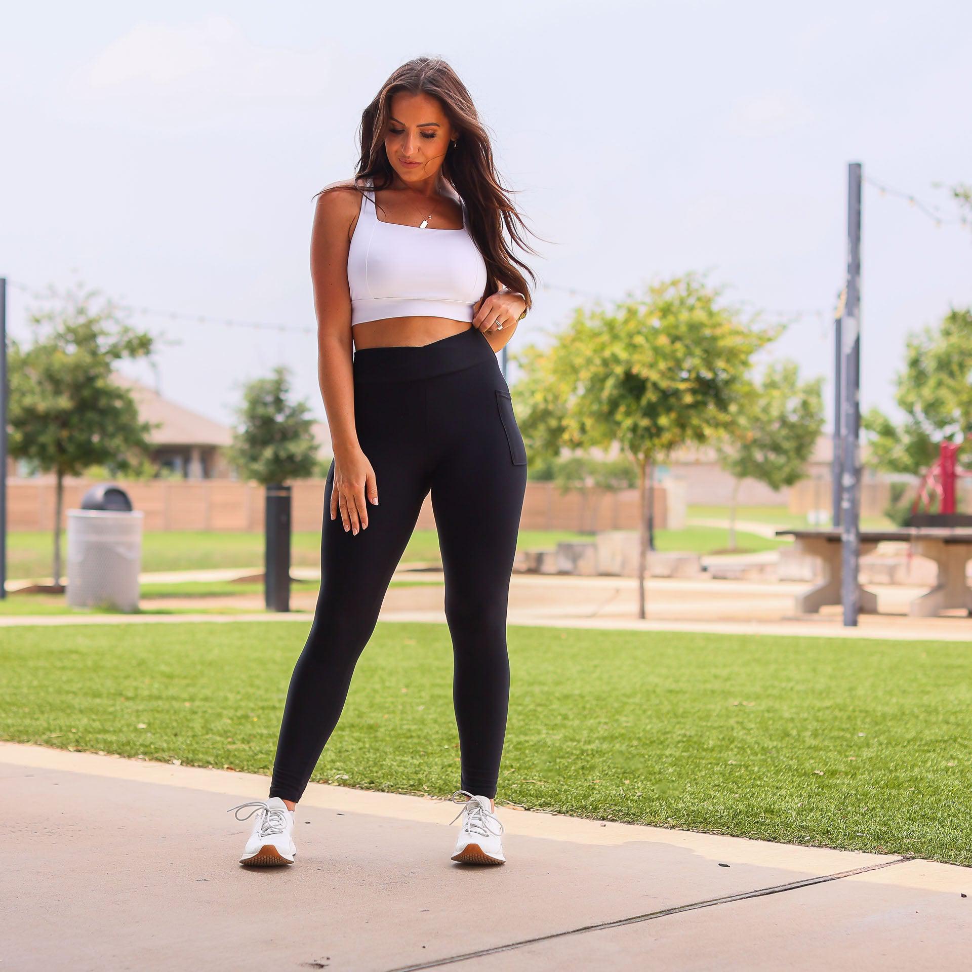 Julia Rose Stephanie crossover black pocket leggings, Women wearing black crossover leggings