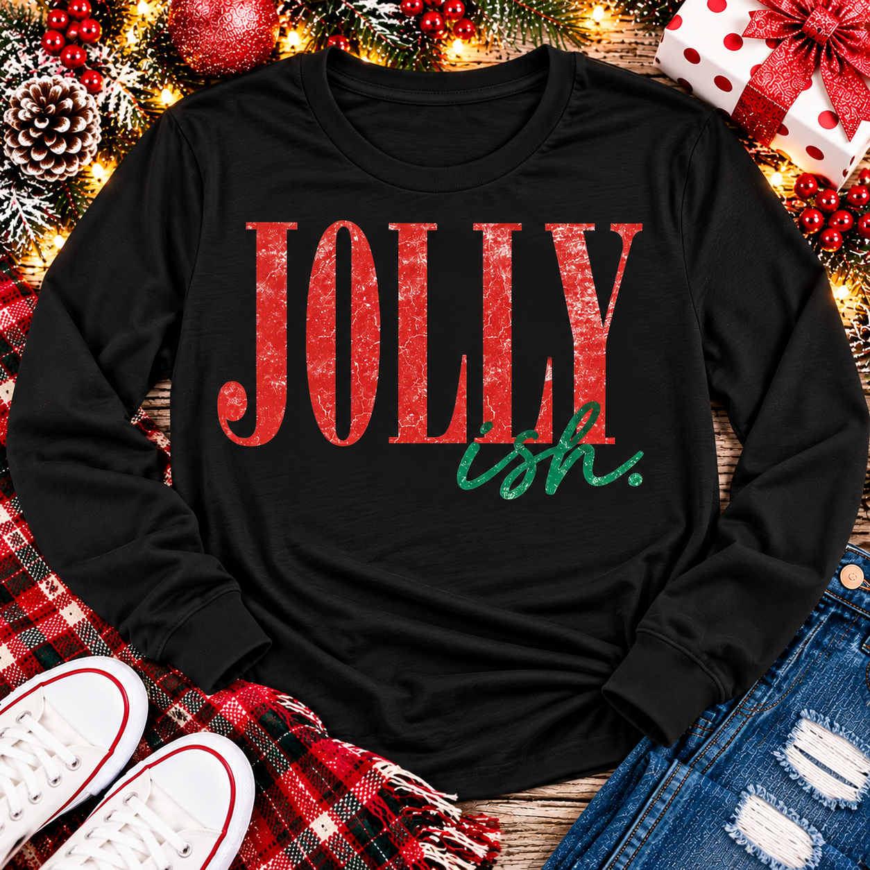 Jolly Ish Christmas graphic shirt featuring large distressed red JOLLY lettering with green handwritten ish script. Funny vintage-inspired holiday apparel available in pink and black, offered in short sleeve crewneck, V-neck, long sleeve and hoodie styles.