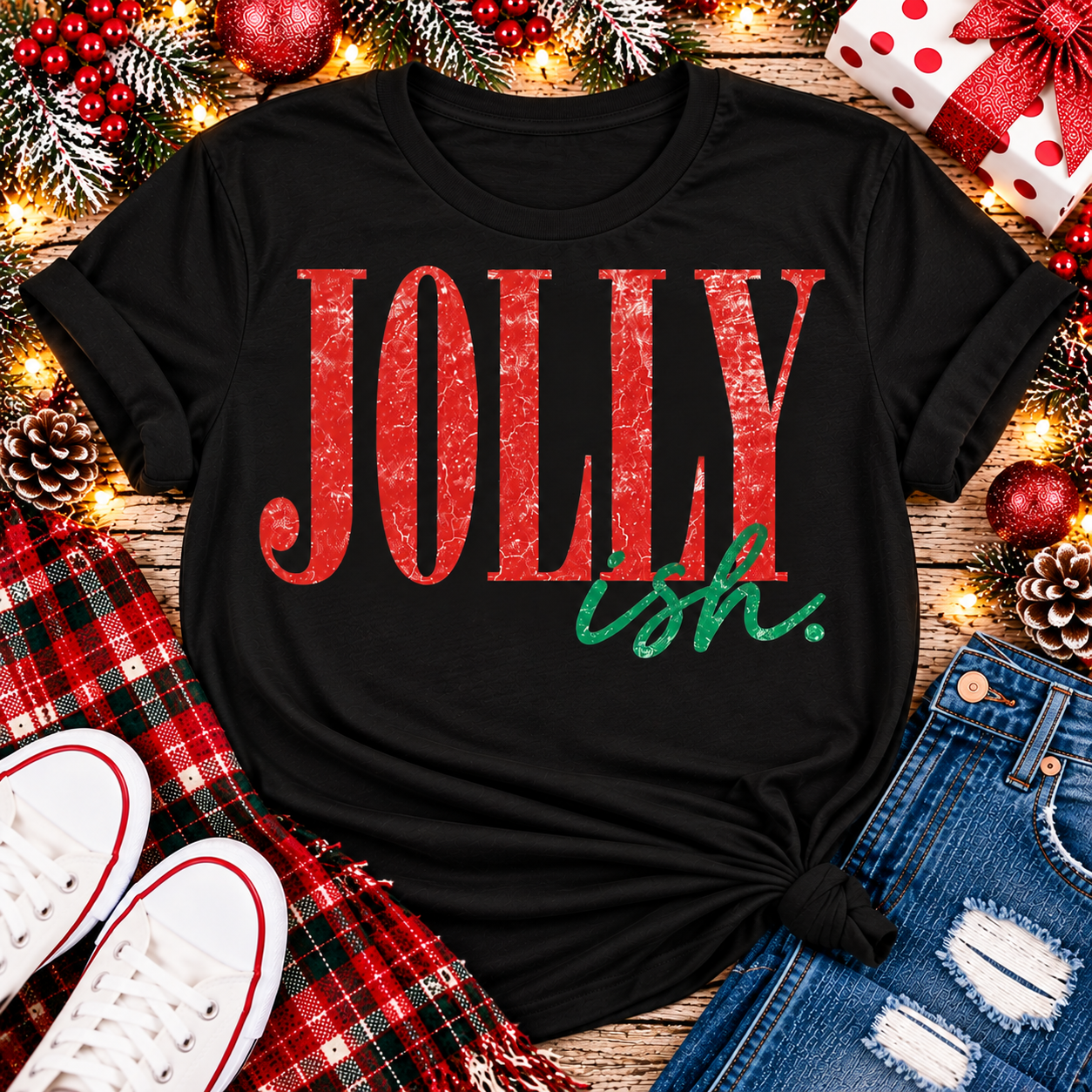 Jolly Ish Christmas graphic shirt featuring large distressed red JOLLY lettering with green handwritten ish script. Funny vintage-inspired holiday apparel available in pink and black, offered in short sleeve crewneck, V-neck, long sleeve and hoodie styles.